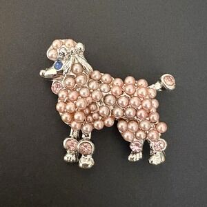 Vintage Poodle Dog Puppy Pink Faux Pearl & Crystal Silver Tone Brooch Retro